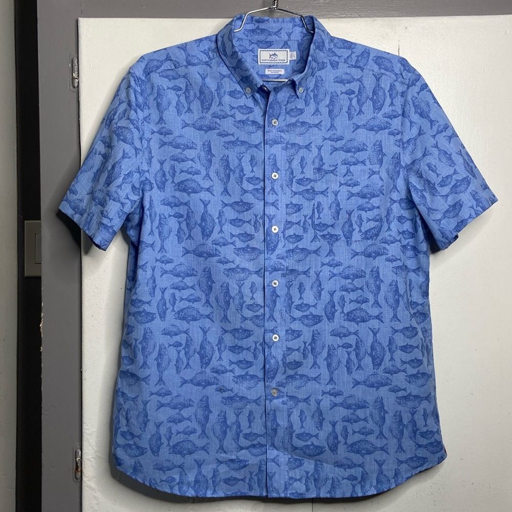 Southern Tide Large Mens Short Sleeve Button Down Shirt Performance Stretch AOP